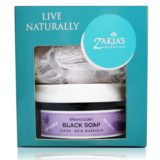 Moroccan Black Soap Exfoliating Kessa Gift Box - Lavender