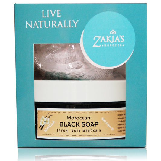 Moroccan Black Soap Exfoliating Kessa Gift Box - Vanilla